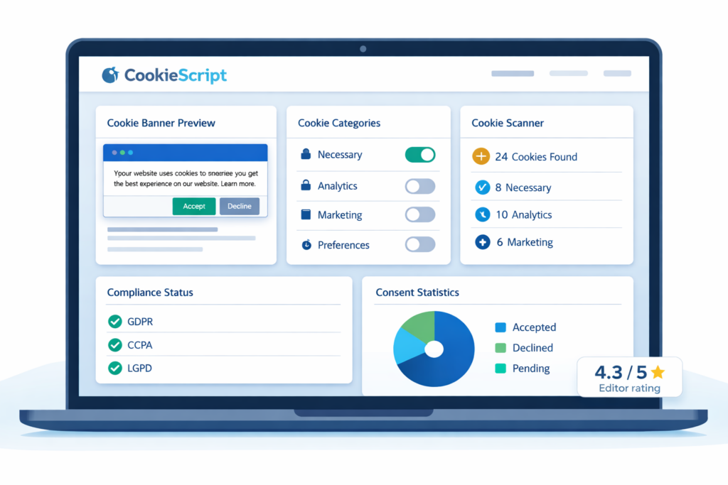 CookieScript dashboard showing cookie consent banner and compliance settings