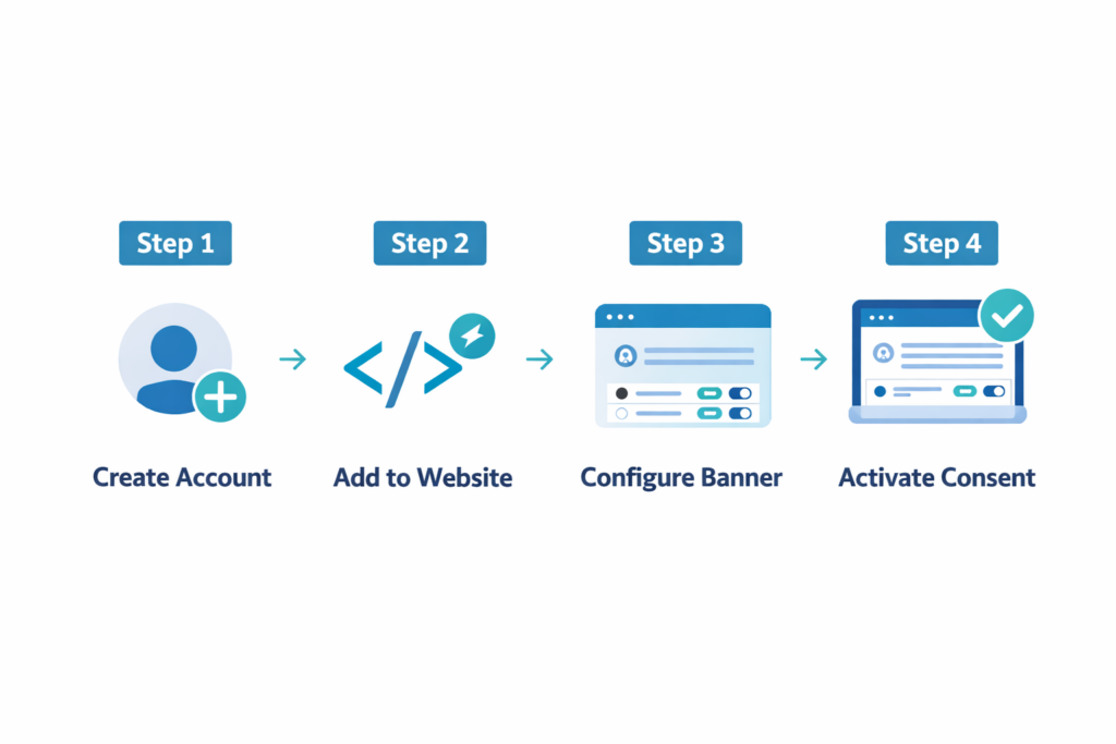CookieScript setup process from creating account to activating cookie consent banner