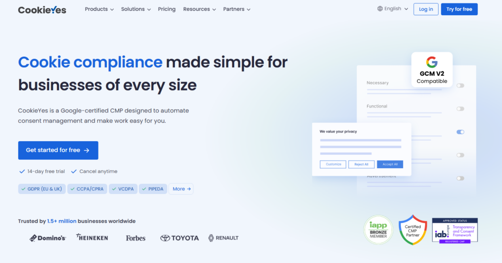 CookieYes dashboard and cookie consent platform homepage