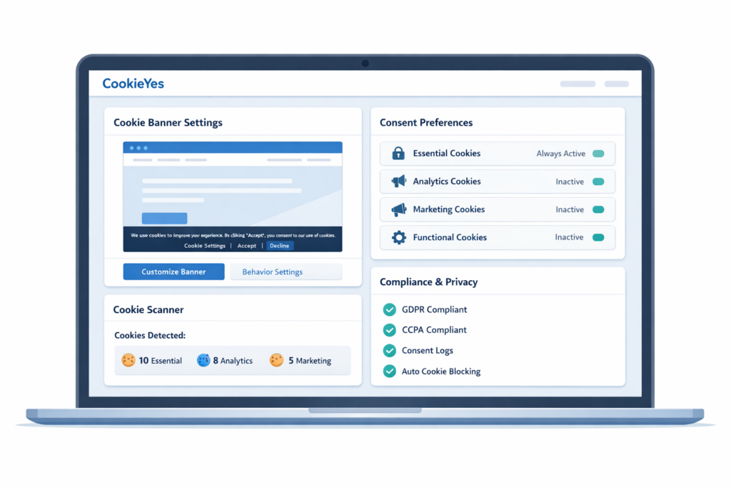 CookieYes dashboard showing cookie banner settings, consent controls, and cookie scanning tools