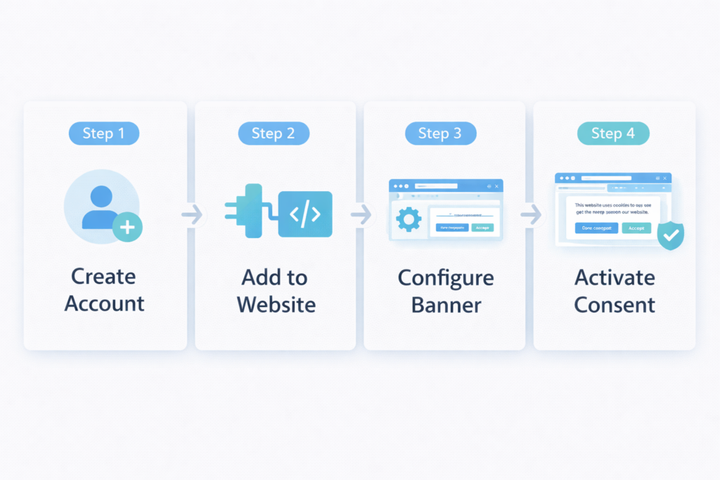 CookieYes setup process from creating an account to activating cookie consent
