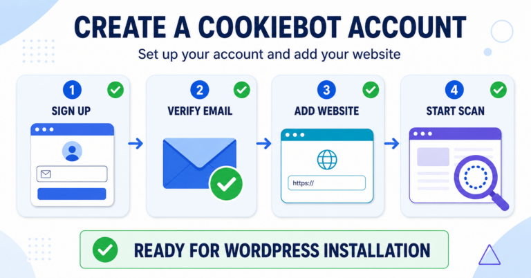 Four-step process for creating a Cookiebot account and adding a website
