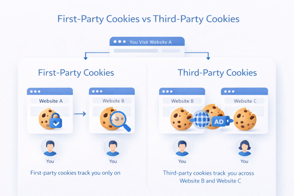 Diagram explaining the difference between first-party cookies and third-party cookies