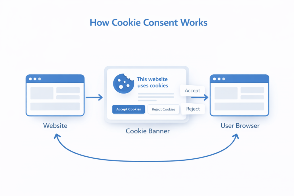 Diagram explaining how cookie consent works between a website and a user browser