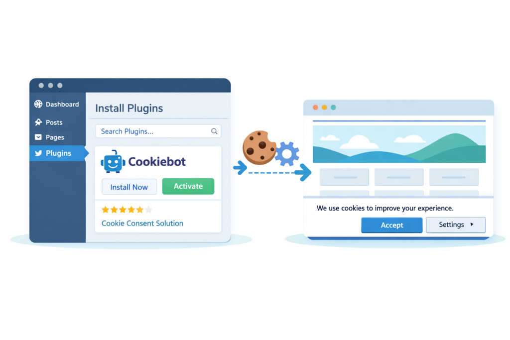 Illustration showing WordPress plugin installation for Cookiebot cookie consent