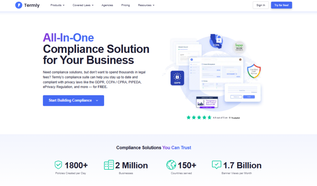 Termly dashboard and privacy compliance platform homepage