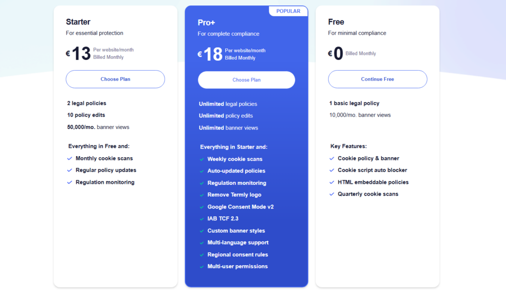 Termly pricing plans and subscription options