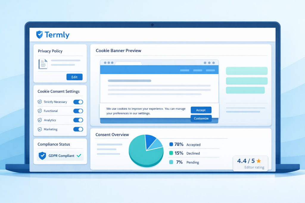 Termly dashboard showing cookie consent banner and privacy policy tools