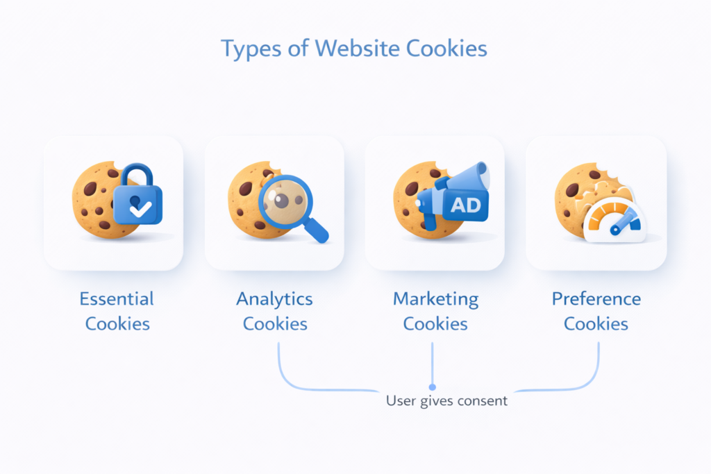Diagram showing the main types of website cookies including essential, analytics, marketing, and preference cookies