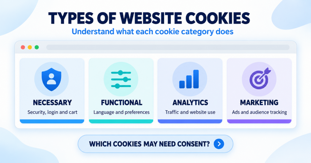 Four main types of website cookies: necessary, functional, analytics and marketing
