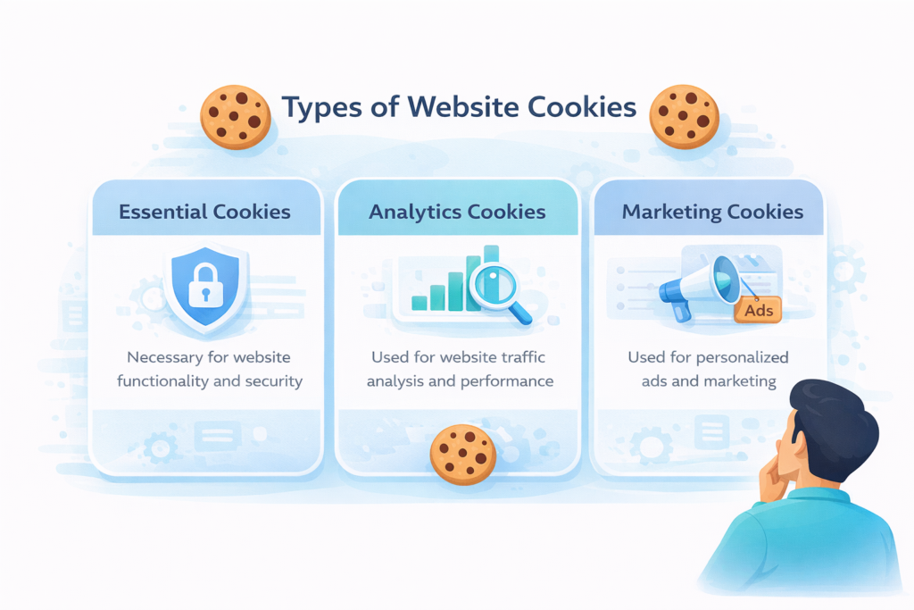 Illustration showing essential, analytics, and marketing website cookie categories