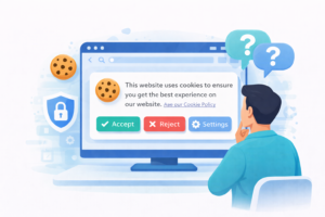 Illustration of a website cookie banner with accept, reject and settings options