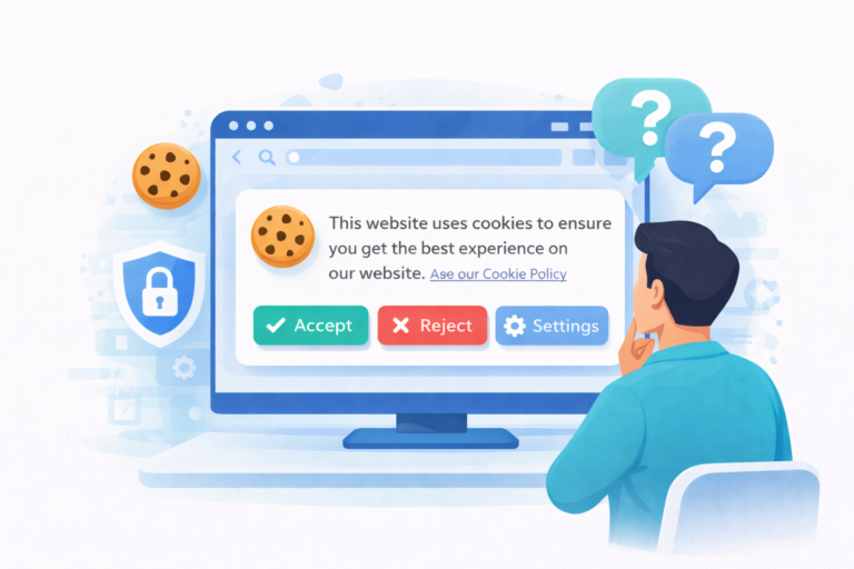 Illustration of a website cookie banner with accept, reject and settings options