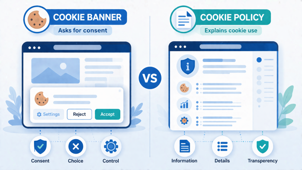 Comparison between a cookie banner and a cookie policy page