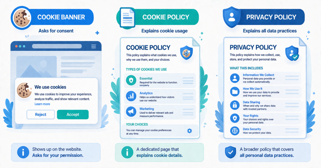 Comparison of cookie banner, cookie policy, and privacy policy