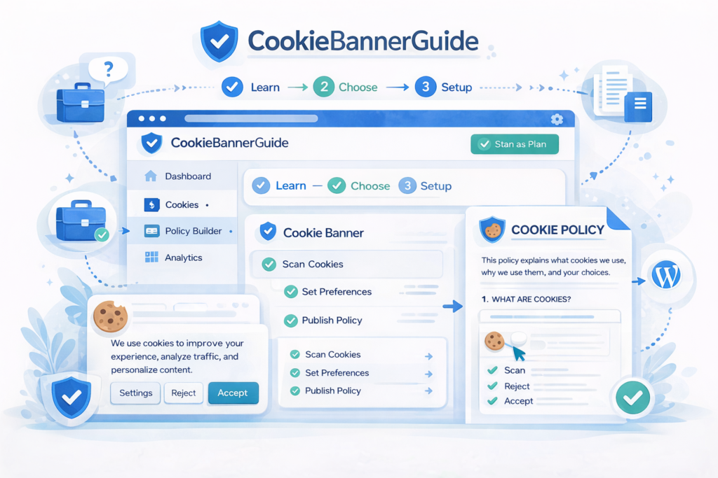 Illustration showing how CookieBannerGuide helps website owners understand cookie compliance and set up cookie consent step by step