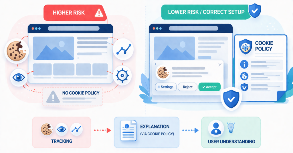 Comparison between a website without a cookie policy and a website with a proper cookie setup
