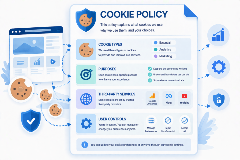 Cookie policy page structure showing sections like cookie types and user controls