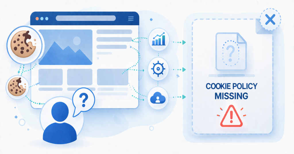 Website with active cookies and tracking but no cookie policy explanation