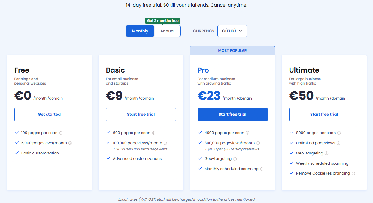 CookieYes pricing plans showing Free, Basic, Pro and Ultimate options