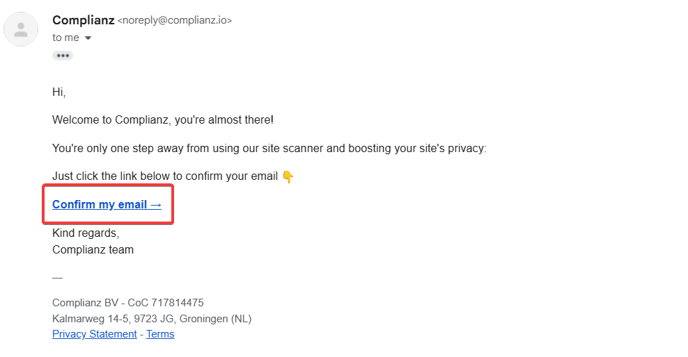 Confirm your email address to activate the Complianz website scan.