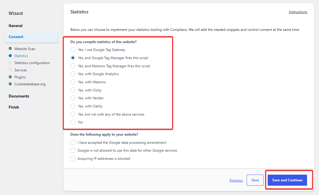 Choose how your website uses statistics and analytics in the Complianz setup wizard.