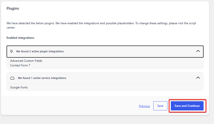Review the plugins and services detected by Complianz during the setup wizard.