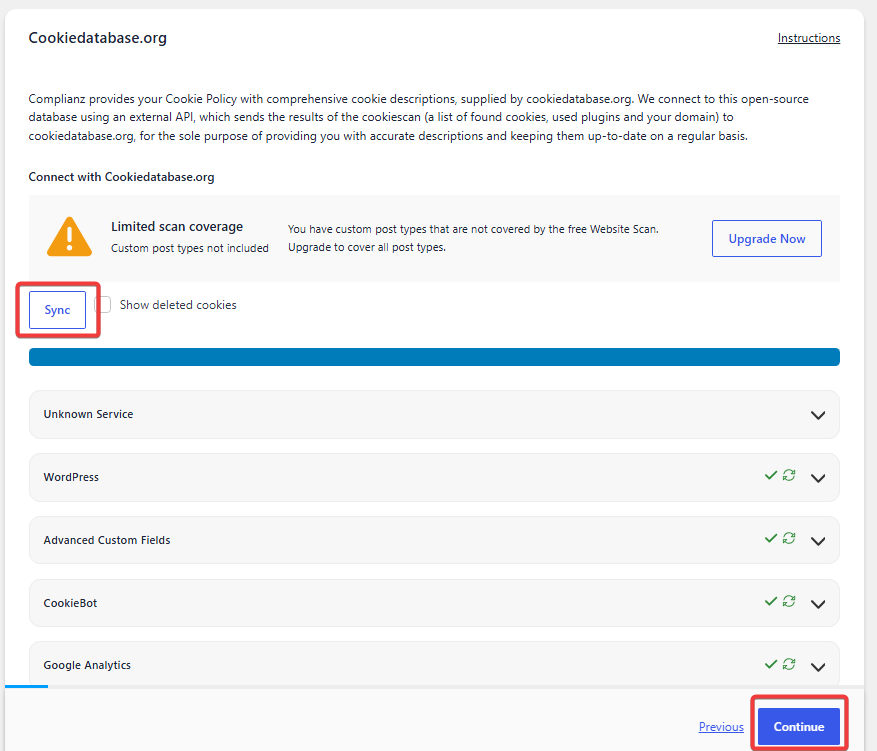 Synchronize detected cookies with CookieDatabase.org in Complianz.