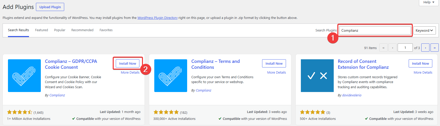 Search for the official Complianz plugin in the WordPress plugin directory.