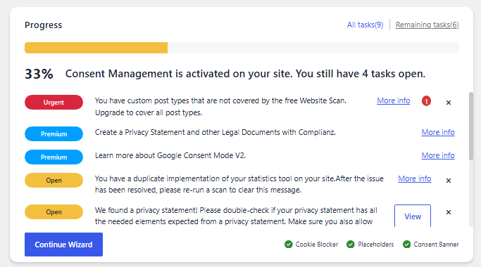 Complianz is successfully installed and configured on a WordPress website.