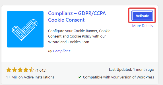 Activate the Complianz plugin after it has been installed on WordPress.