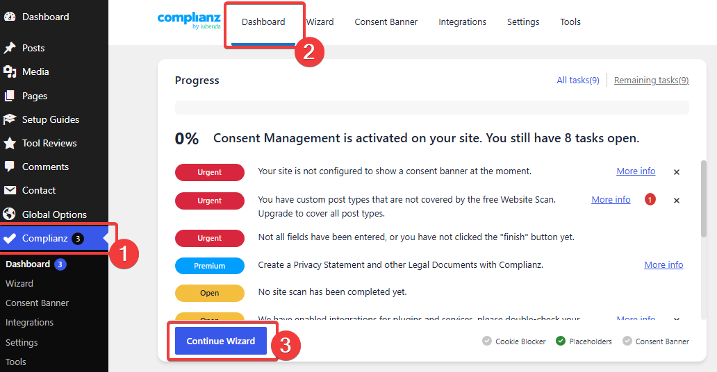 Open the Complianz dashboard and start the setup wizard.