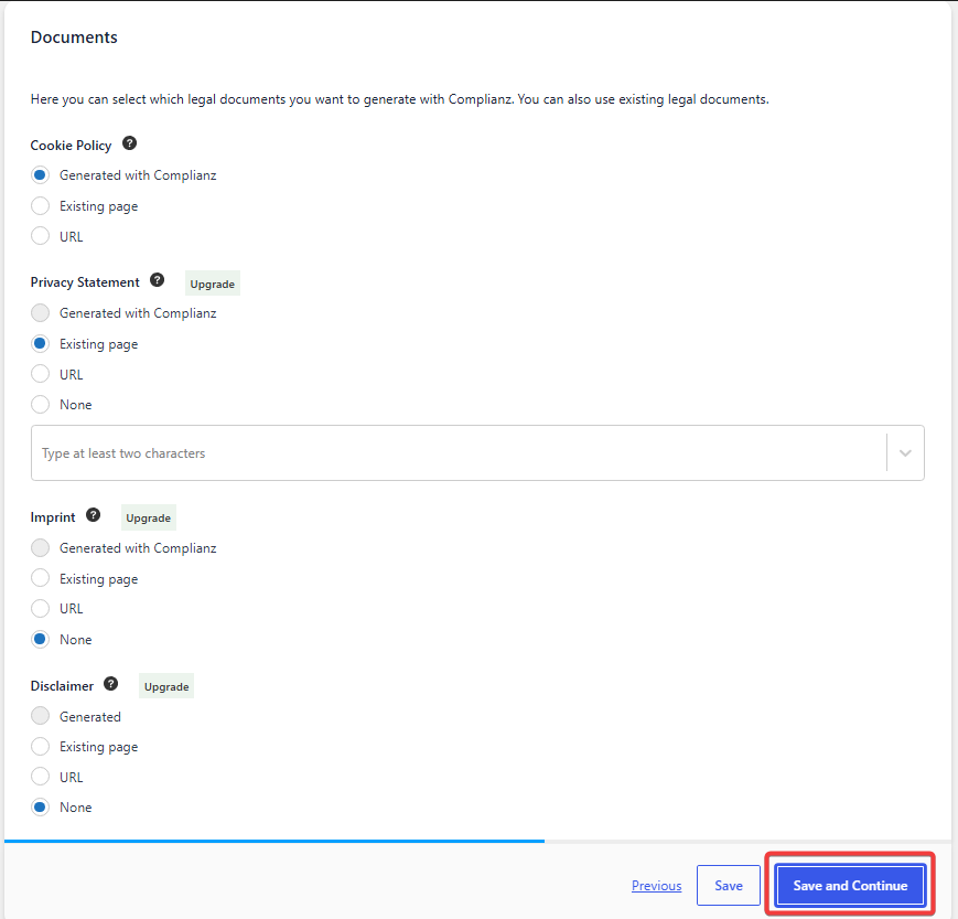 Choose how Complianz should handle your Cookie Policy and legal documents.