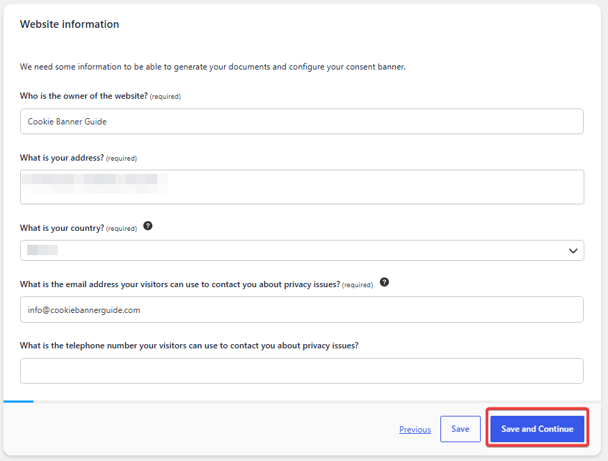 Enter your website owner information during the Complianz setup wizard.