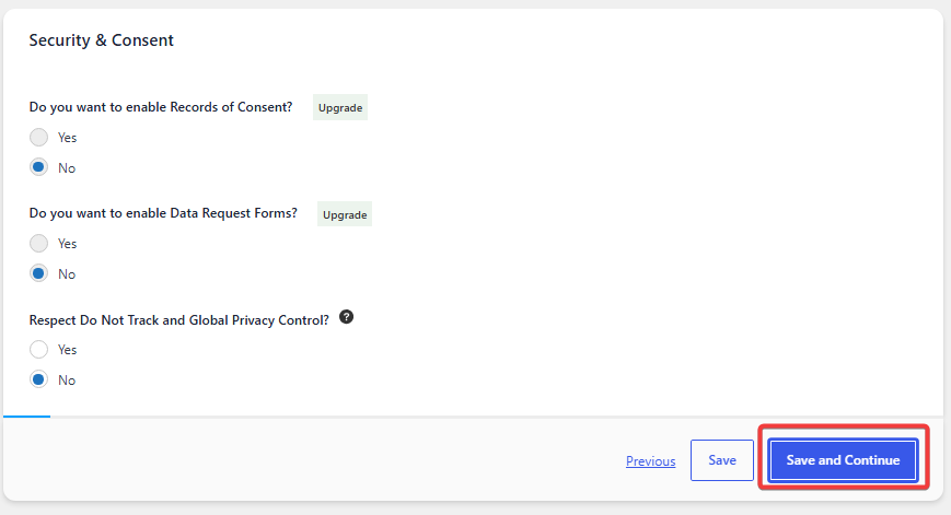 Configure the Security and Consent settings in the Complianz setup wizard.
