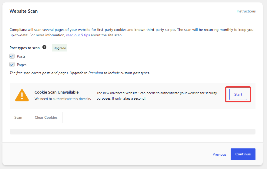 Start the website scan in the Complianz setup wizard.