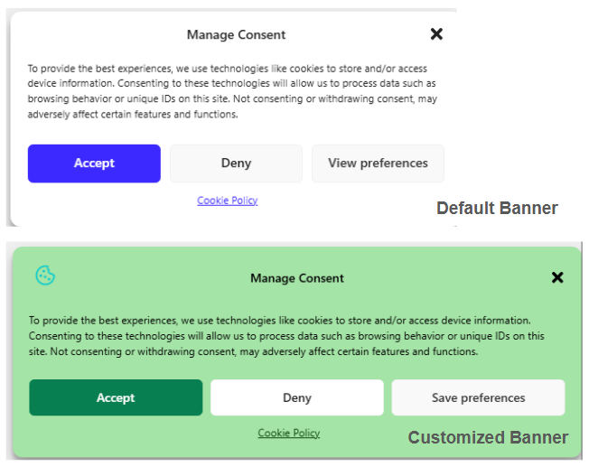 Default and customized Complianz cookie banner comparison