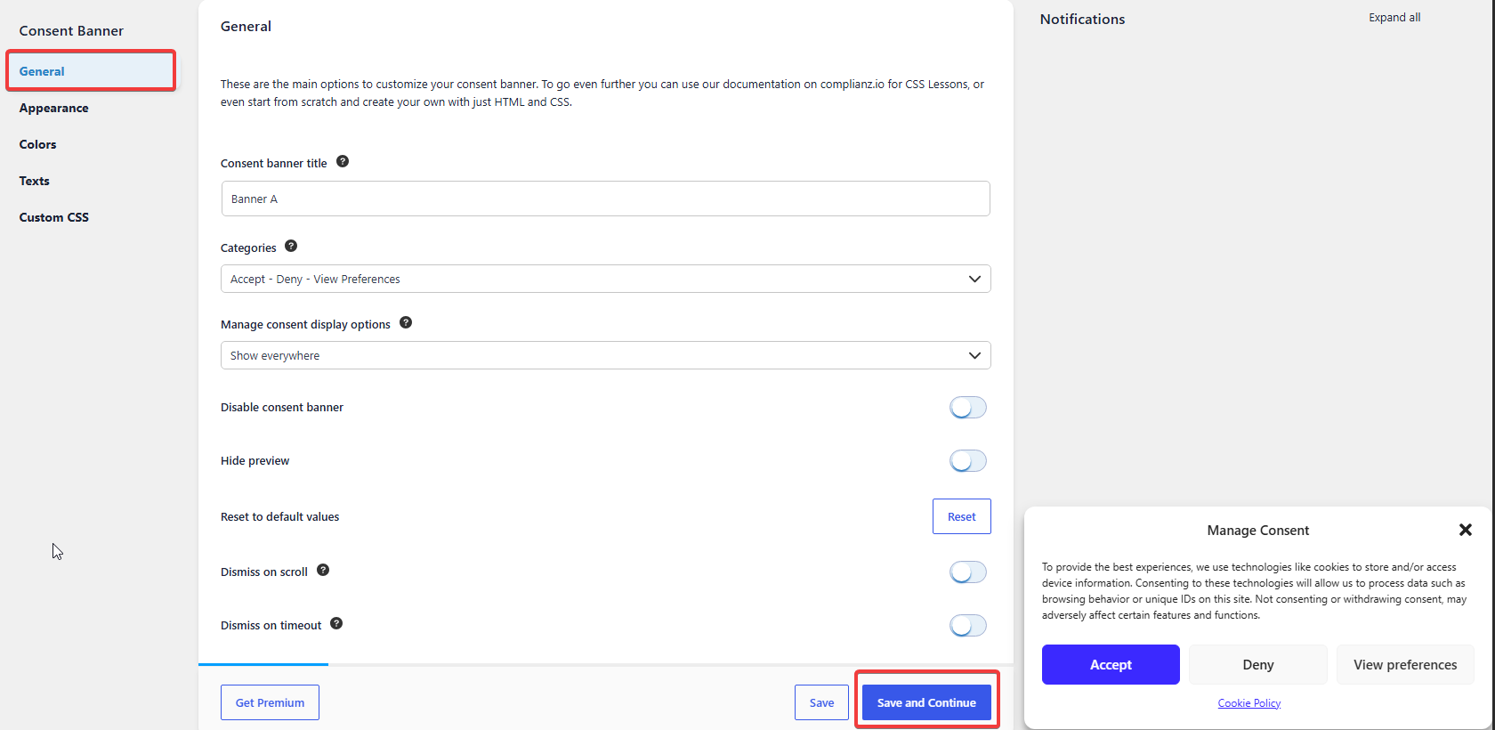 Complianz cookie banner General settings