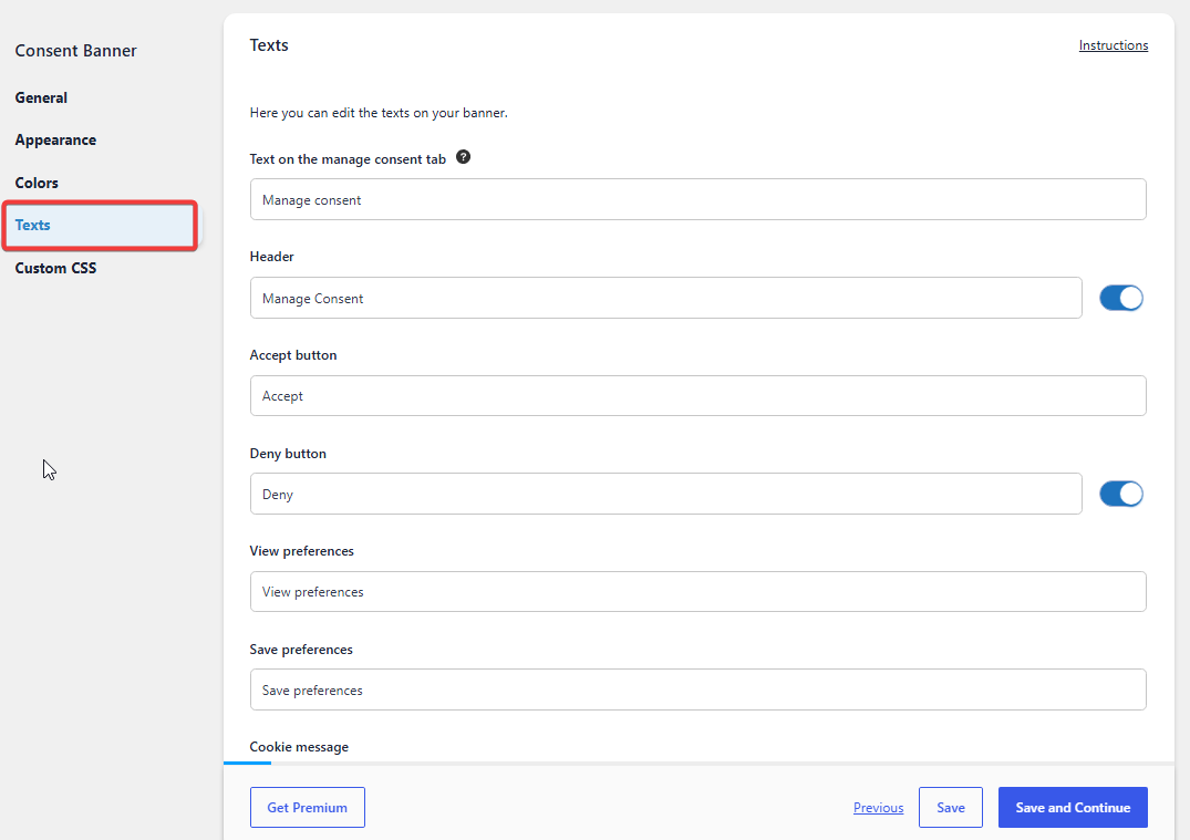 Edit the Complianz cookie banner text and button labels