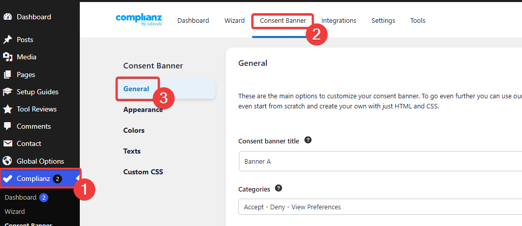 Open the Consent Banner settings in the Complianz WordPress plugin