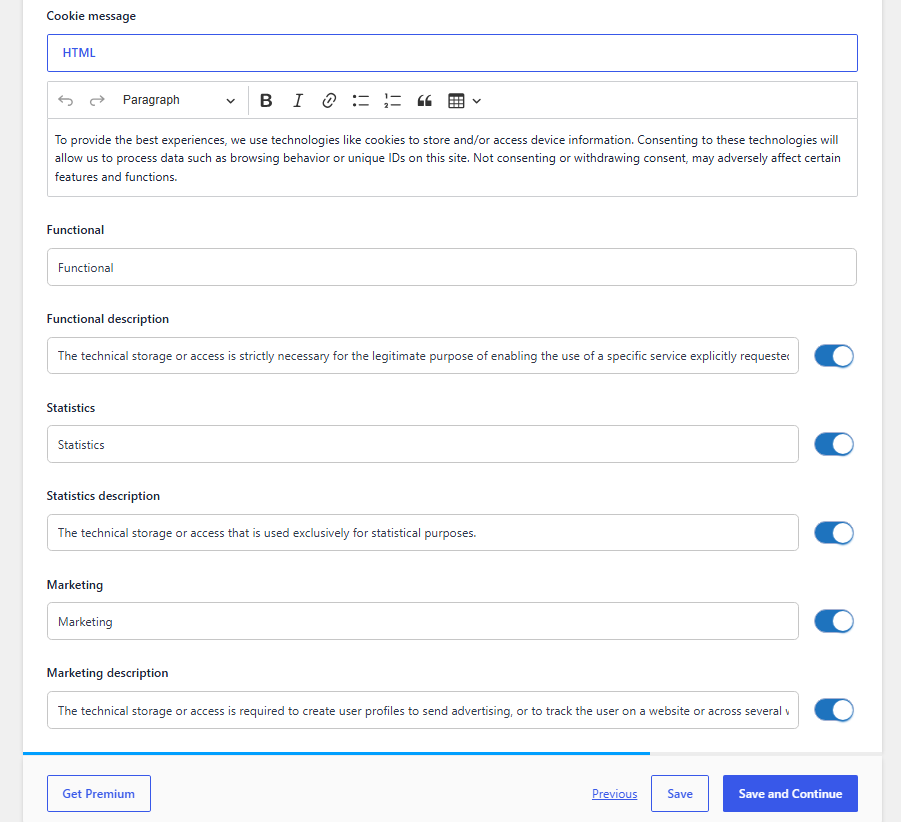 Edit the cookie message and category descriptions in Complianz