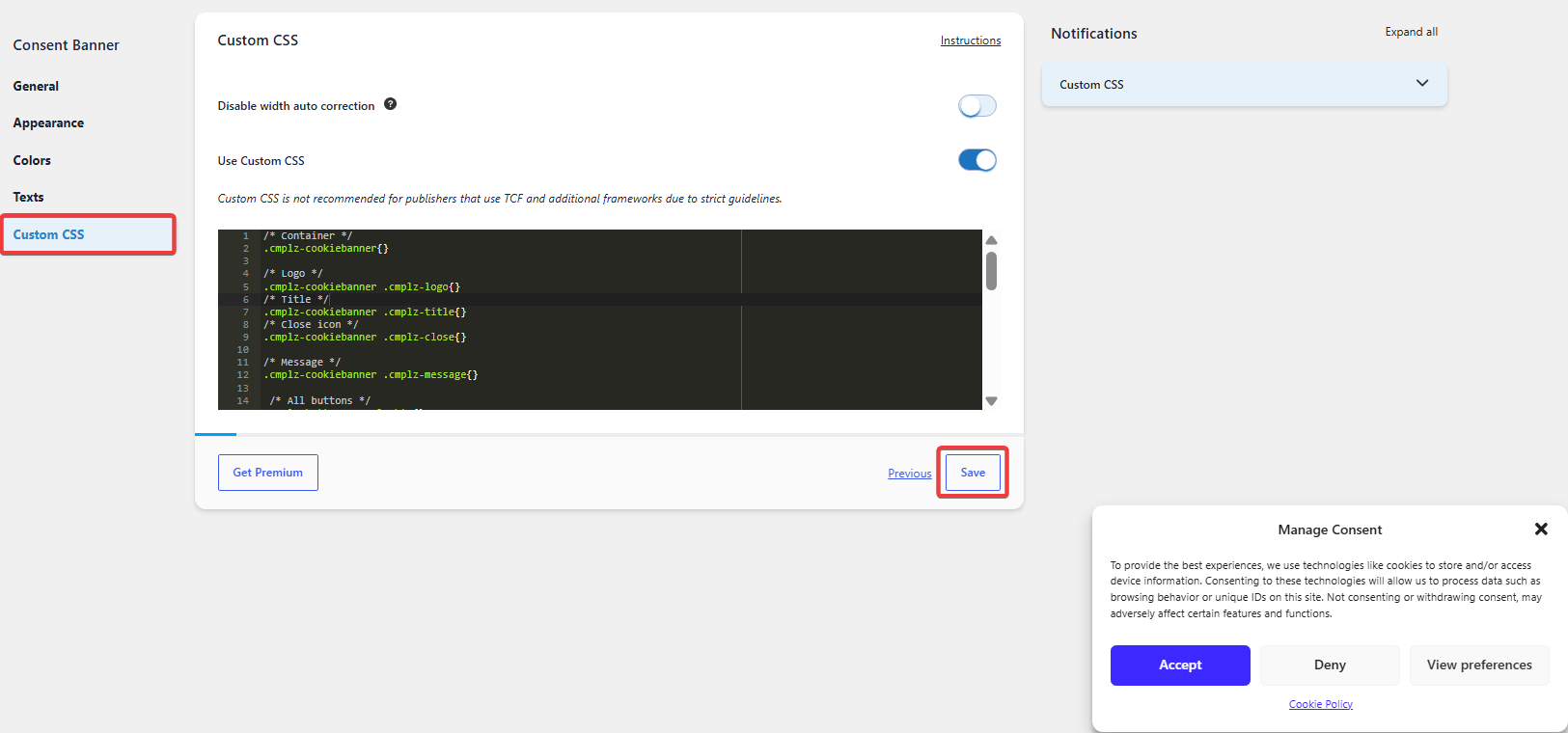 Add custom CSS to the Complianz cookie banner