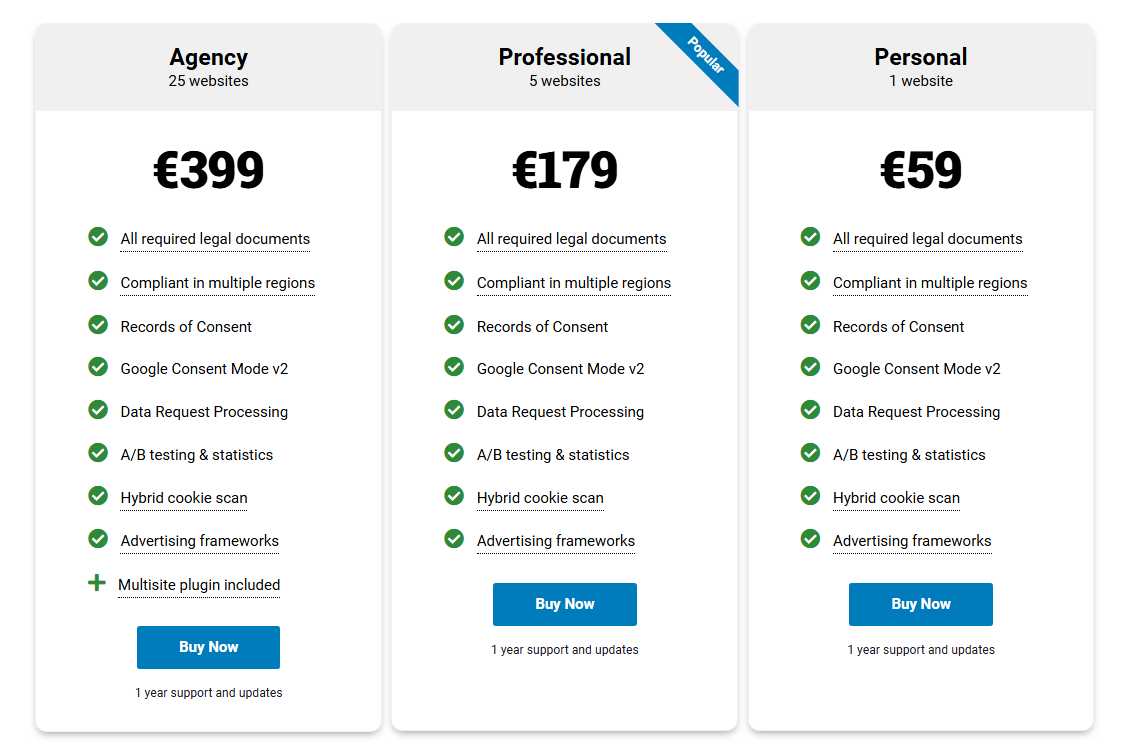 Complianz pricing plans showing Personal, Professional, and Agency licences.