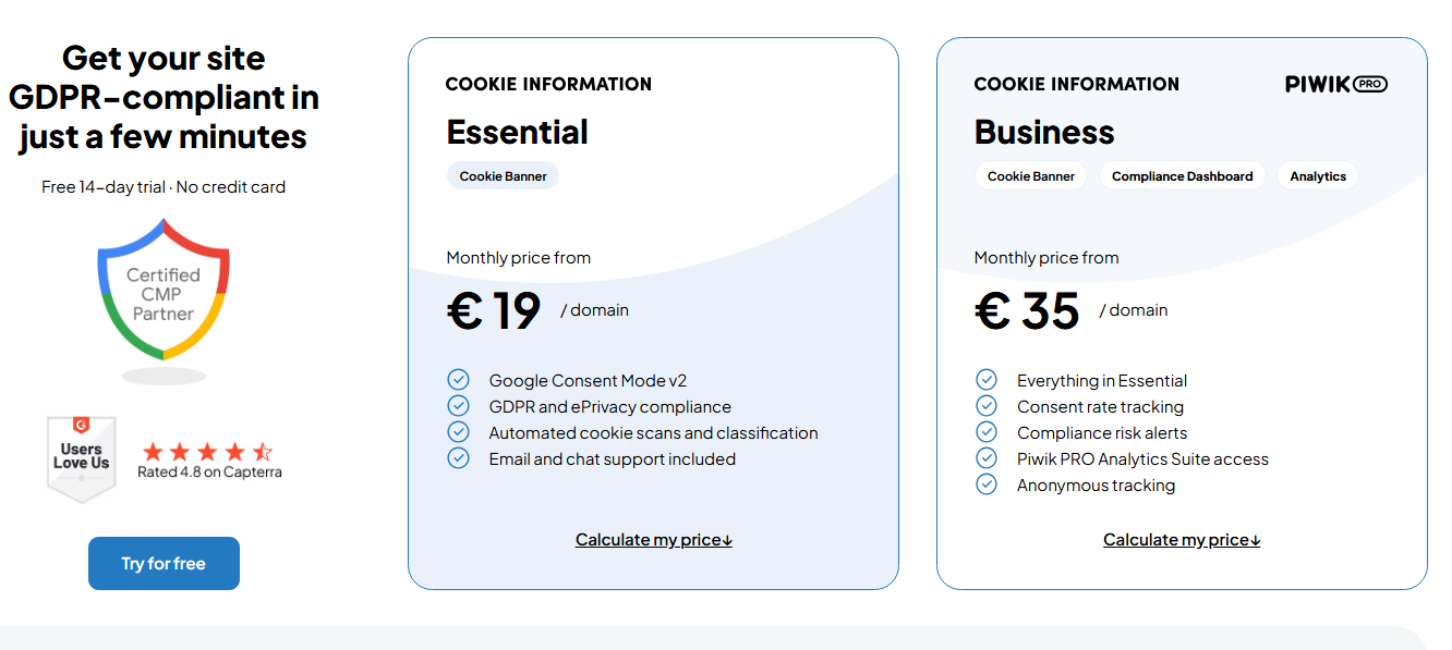 Cookie Information Essential and Business pricing plans with starting prices and included features