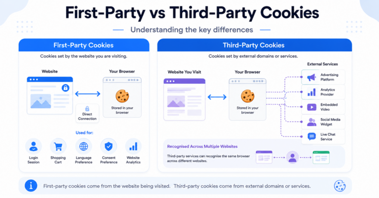 First-party vs third-party cookies comparison showing websites, browsers, and external services