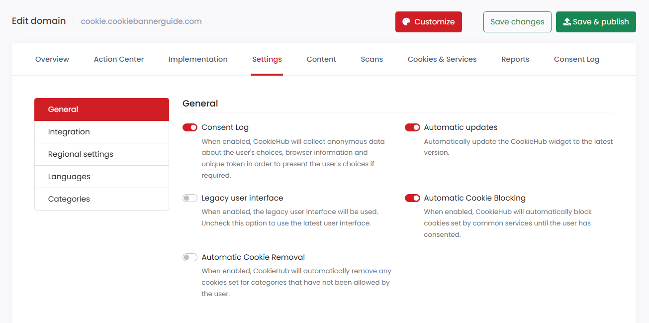 CookieHub general settings for consent logging and automatic cookie blocking