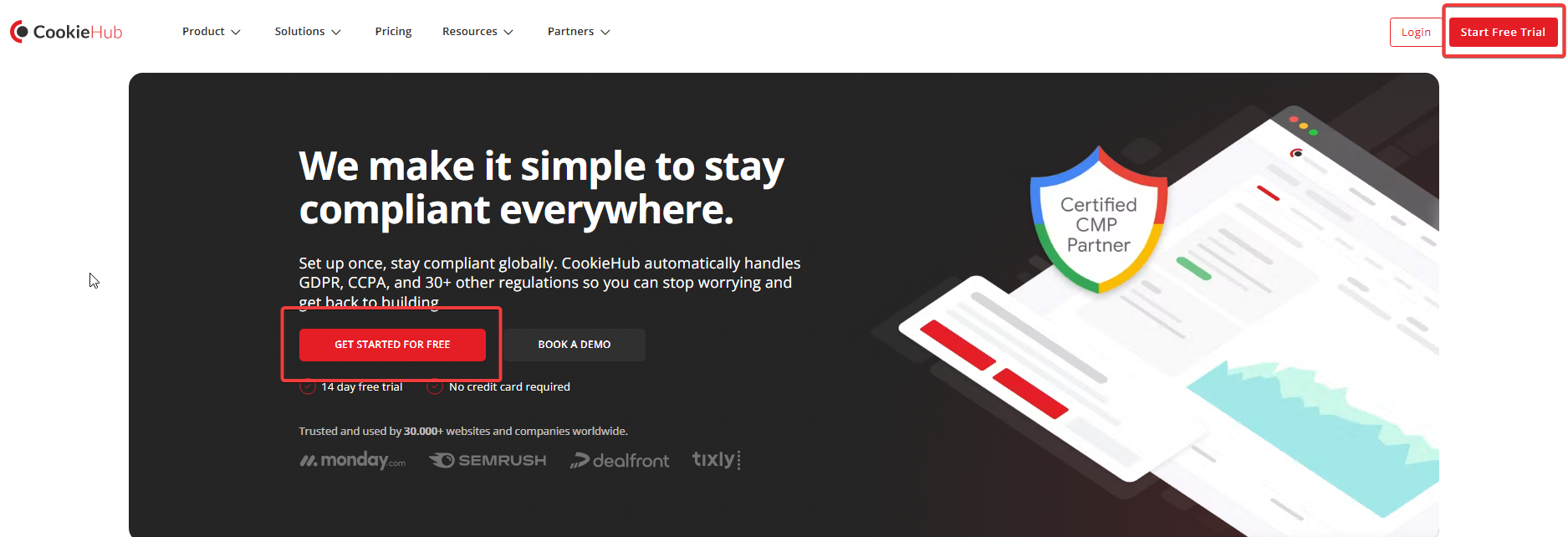 CookieHub homepage with the Start Free Trial button highlighted
