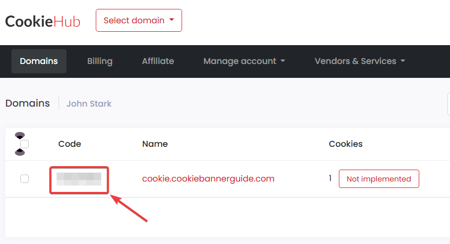 CookieHub Domains page with the eight-character domain code highlighted