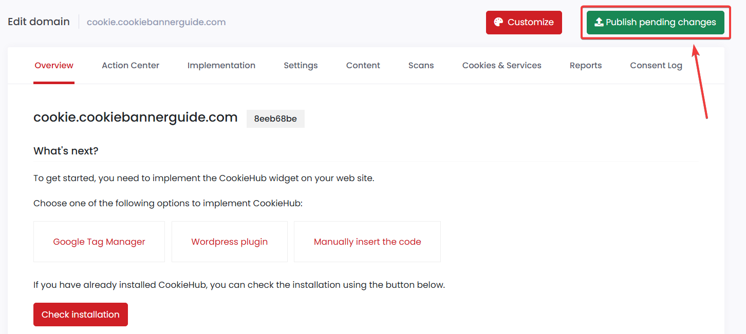 CookieHub domain overview with Publish pending changes highlighted