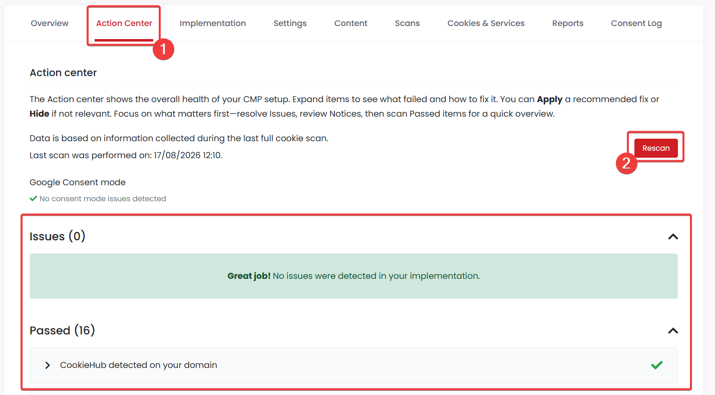 CookieHub Action Center showing no issues, passed checks, and the Rescan button